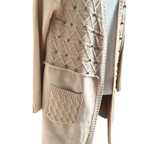 Luxe Boho Blush Cardigan Simply Couture Wool Blend Studded Knit Suede Pockets M - Picture 4 of 7